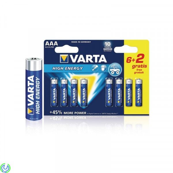 VARTA - Batteri alkaline AAA/LR03 1.5 V, 6+2-pack, VARTA - Batteri alkaline AAA/LR03 1.5 V High Energy 6+2-pack, Alkaliska Batte