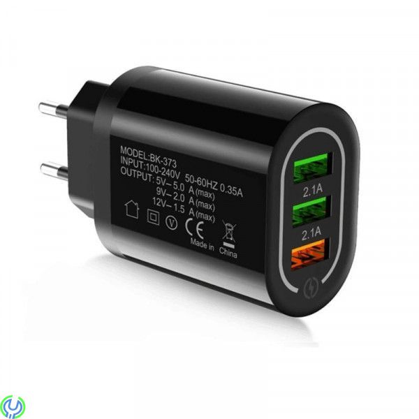 Väggladdare 3xUSB QC 3.0, svart, Väggladdare 3xUSB QC 3.0 (BK373) svart, Adapter, , Elgruvan