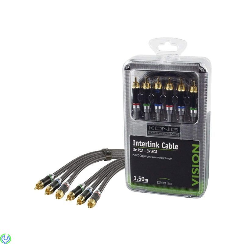 König Interlink-kabel 3x RCA - 3x RCA,1,5m, König 1,5m 3x RCA High End-videokabel, dubbelskärmad med guldpläterade kontakter.

