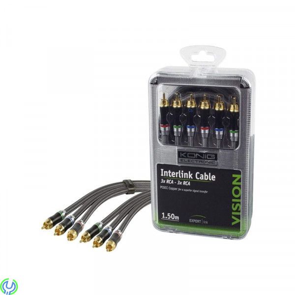 König Interlink-kabel 3x RCA - 3x RCA,1,5m, König 1,5m 3x RCA High End-videokabel, dubbelskärmad med guldpläterade kontakter.
