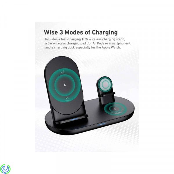 AUKEY LC-A3 Aircore 3-in-1 Trådlös Laddställ - Svart, AUKEY LC-A3-WT, inomhus, USB, Trådlös laddning, 1,2 m, Svart, iPhone 11 mo