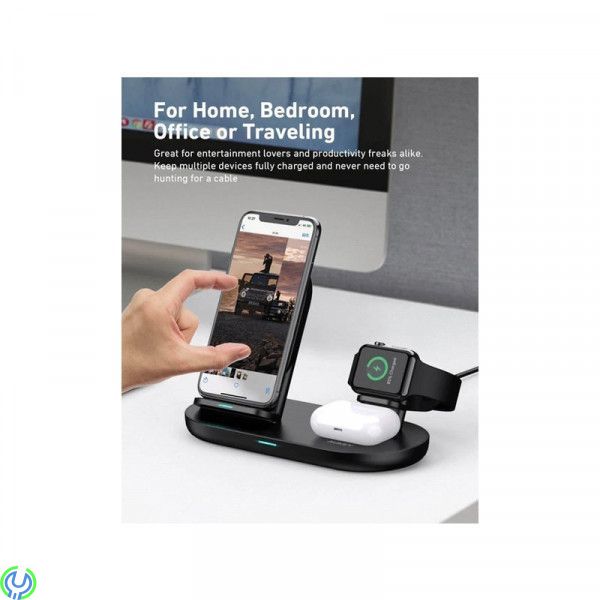 AUKEY LC-A3 Aircore 3-in-1 Trådlös Laddställ - Svart, AUKEY LC-A3-WT, inomhus, USB, Trådlös laddning, 1,2 m, Svart, iPhone 11 mo