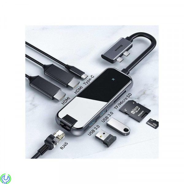 Baseus Type-C Multifunctional HUB Adapter 8-i-1 Svart, Hub USB-C med 2 USB 3.0, 2 HDMI, 1 RJ45, Adapter, , Baseus