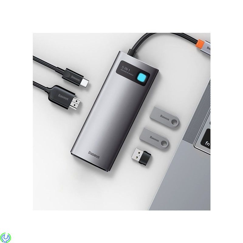 Baseus Metal Gleam Series 5-i-1 Multifunktionell USB-C HDMI, Typ-C HUB Dockningsstation - Grå, Adapter, , Baseus