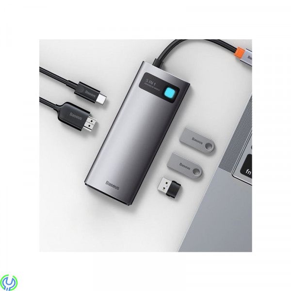 Baseus Metal Gleam Series 5-i-1 Multifunktionell USB-C HDMI, Typ-C HUB Dockningsstation - Grå, Adapter, , Baseus