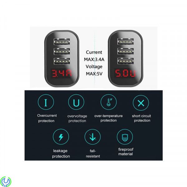 Baseus Mirror Lake Intelligent 3 USB Reseladdare 3.4A, Baseus Mirror Lake Intelligent 3 USB Reseladdare Med Display 3.4A - Svart