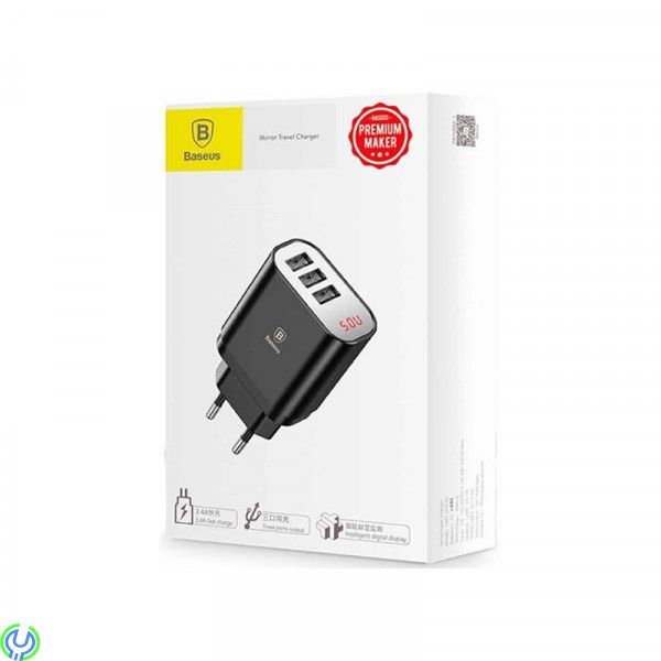 Baseus Mirror Lake Intelligent 3 USB Reseladdare 3.4A, Baseus Mirror Lake Intelligent 3 USB Reseladdare Med Display 3.4A - Svart