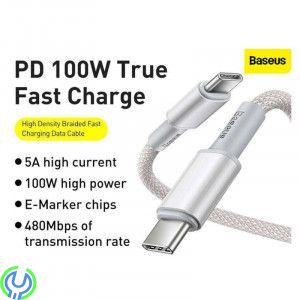 Baseus 5A snabbladdning typ C till typ C 100W 1m Vit, Baseus hög densitet flätad snabbladdning dataKabel typ C till typ C 100W 1