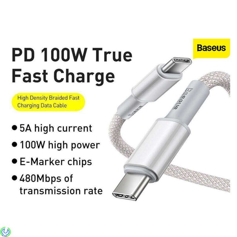 Baseus 5A snabbladdning typ C till typ C 100W 1m Vit, Baseus hög densitet flätad snabbladdning dataKabel typ C till typ C 100W 1