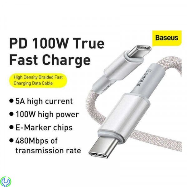 Baseus 5A snabbladdning typ C till typ C 100W 1m Vit, Baseus hög densitet flätad snabbladdning dataKabel typ C till typ C 100W 1