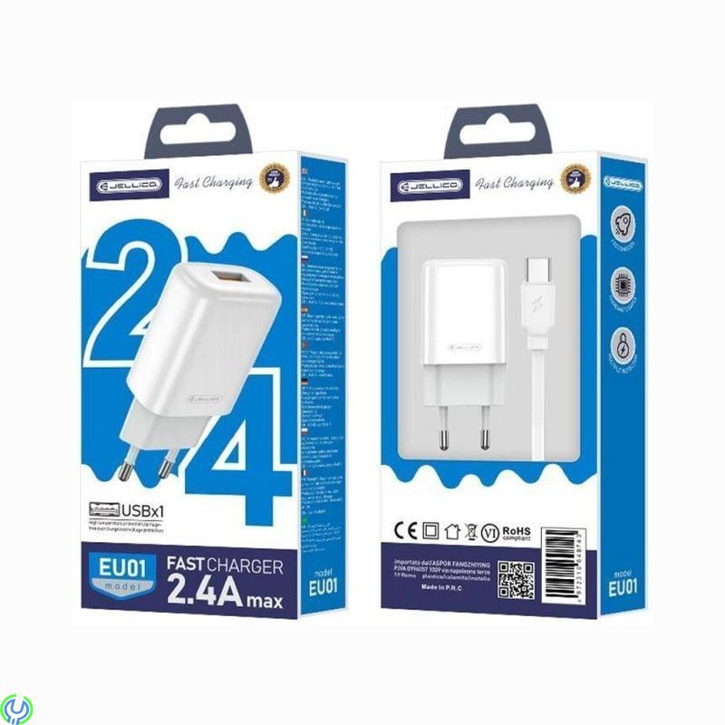 Väggladdare 2.4A USB + Kabel USB - USB-C Jellico EU01 vit, Väggladdare 2.4A USB + Kabel USB - USB-C, Adapter, , Jellico