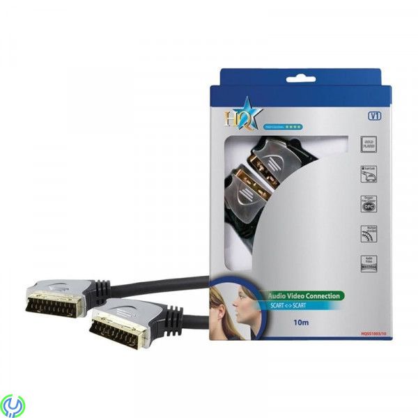 HQ Anslutningskabel Scart 24k guldpläterad, 10m, 10 meters 21 stifts scartkabel med 24k guldpläterade kontakter., Scart, , HQ