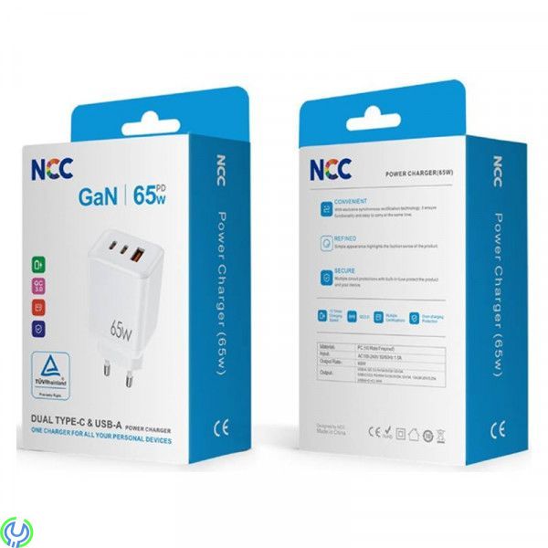 65W 2xUSB-C & USB-A GaN Väggladdare för Laptop & Smartphone, Ladda alla dina enheter med maximal hastighet, Adapter, , NCC