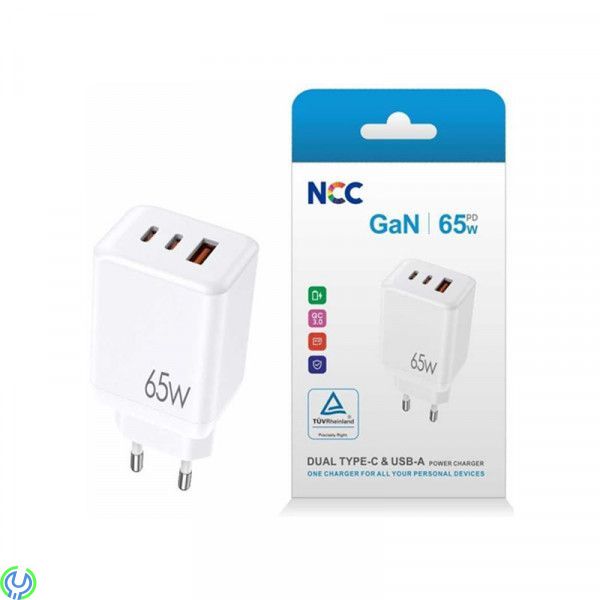 65W 2xUSB-C & USB-A GaN Väggladdare för Laptop & Smartphone, Ladda alla dina enheter med maximal hastighet, Adapter, , NCC