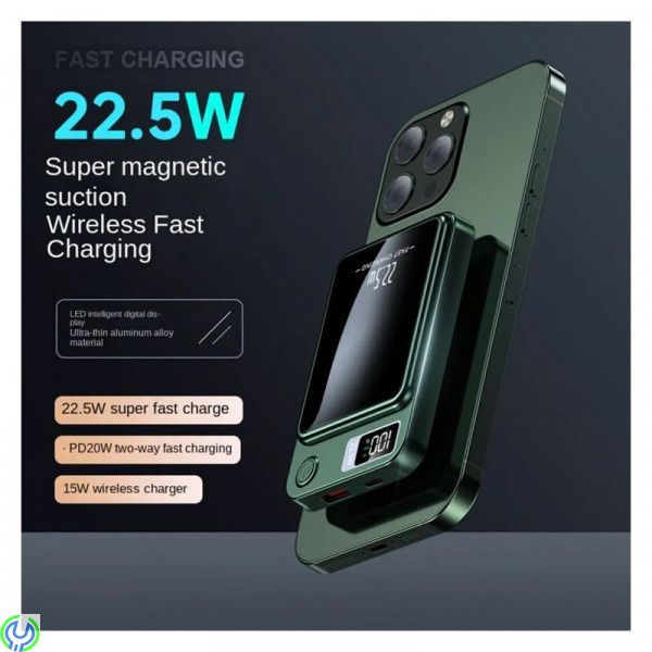 Mini powerbank 10 000mAh, trådlös, magnetisk, USB-C/USB-A, Svart, SiGN Mini powerbank med trådlös magnetisk laddning, Mobilskal/