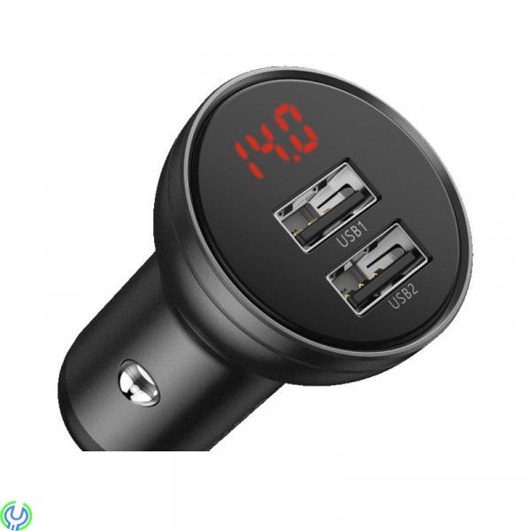 BASEUS Digital Display 2-Port billaddare, 4,8A- svart, Dubbel USB med Snabbladdning 4,8A, 24W, Kablar & Laddare, , Baseus